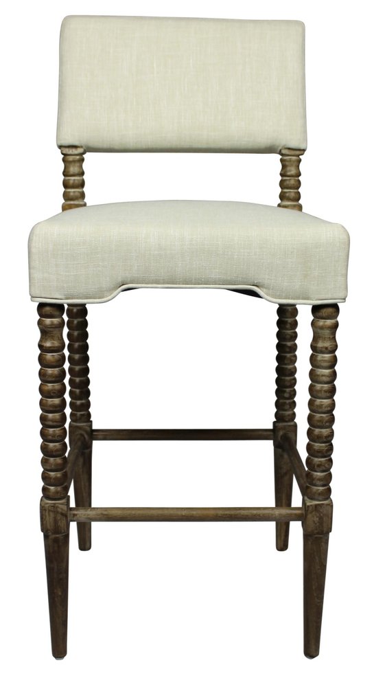 30" Off White And Brown Fabric And Linen And Solid Wood Bar Height Bar Chair
