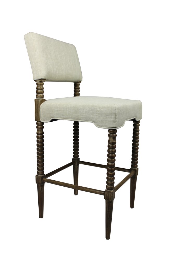 30" Off White And Brown Fabric And Linen And Solid Wood Bar Height Bar Chair