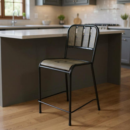 25" Brown And Black Iron Counter Height Bar Chair