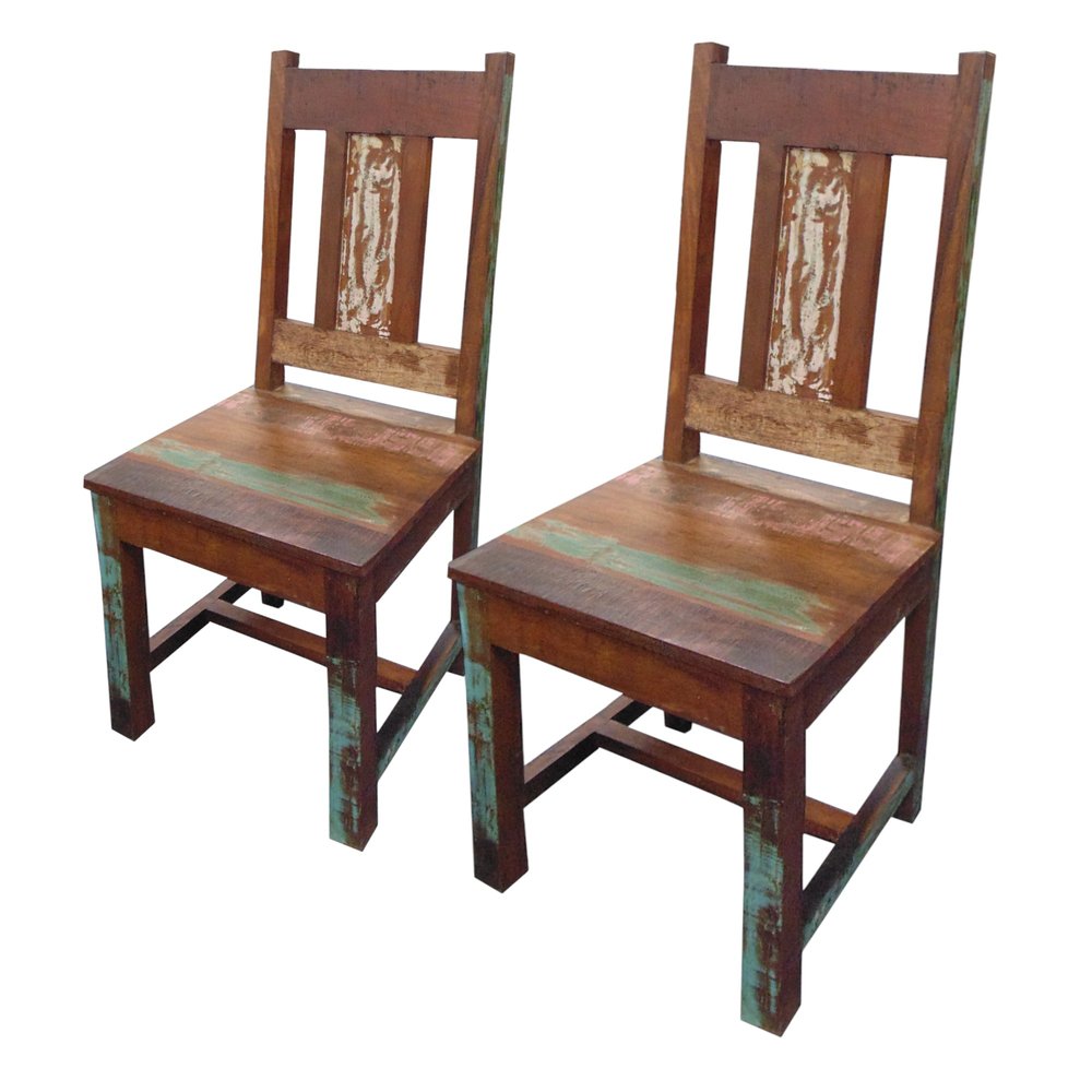 Set of Two Brown Slat Back Dining Side Chairs