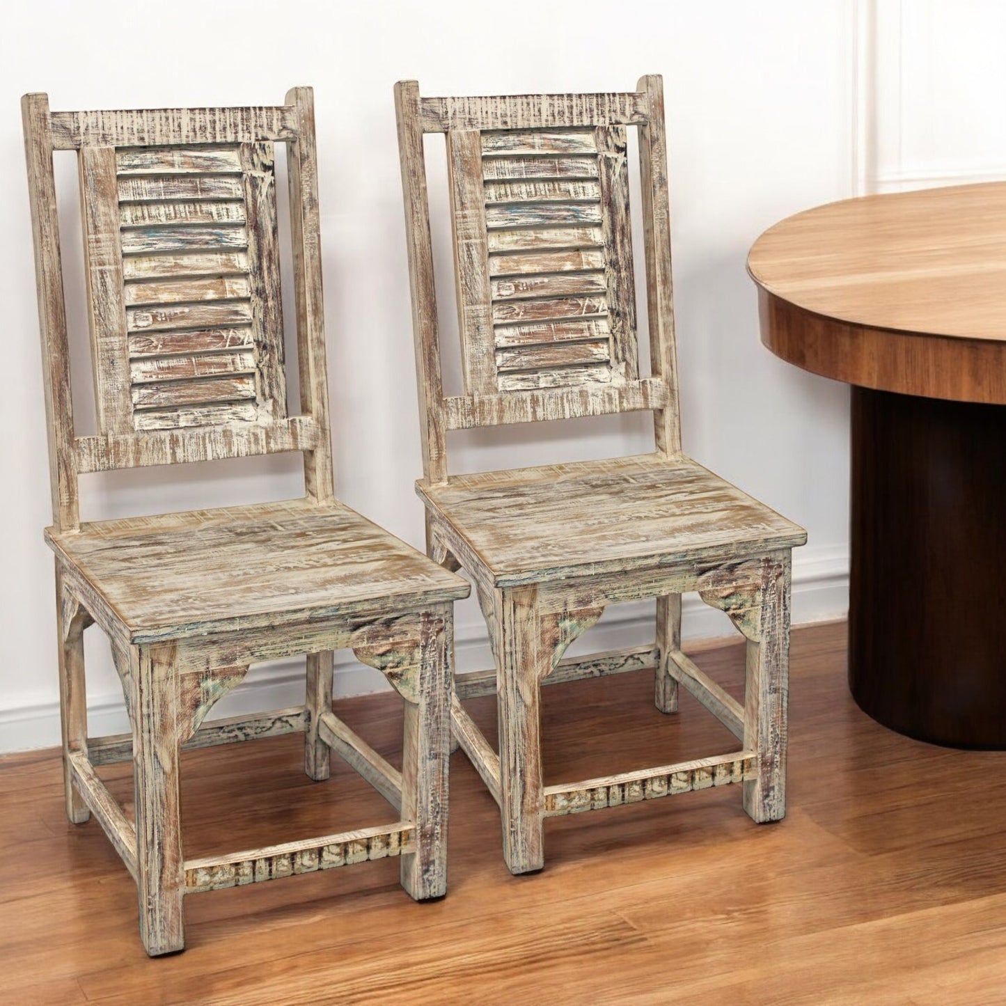 Set of Two Light Brown Wood Slat Back Dining Side Chairs