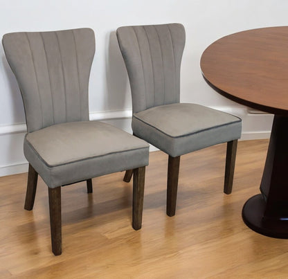 Set of Two Gray And Brown Upholstered Velvet Dining Parsons Chairs