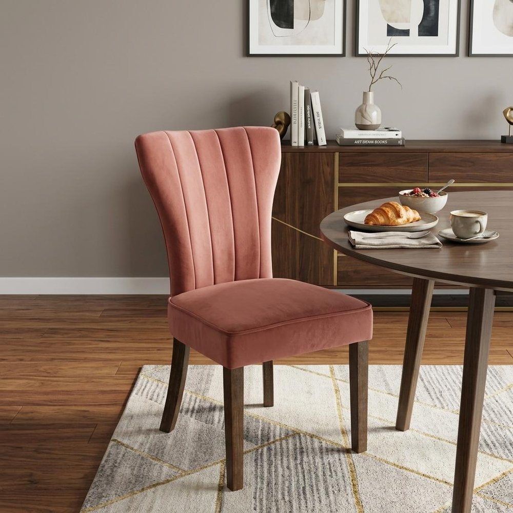 Set of Two Blush and Brown Upholstered Velvet Dining Parsons Chairs