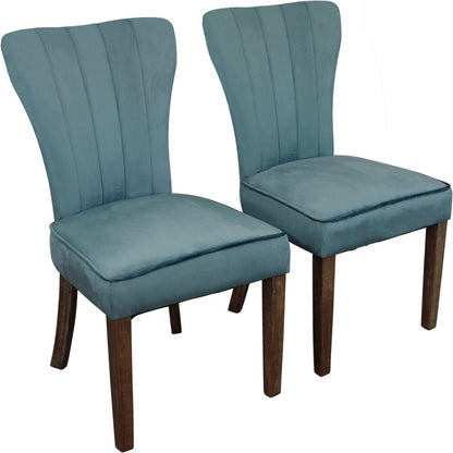 Set of Two Teal Blue and Brown Upholstered Velvet Dining Parsons Chairs