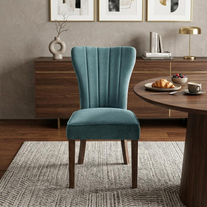 Set of Two Teal Blue and Brown Upholstered Velvet Dining Parsons Chairs
