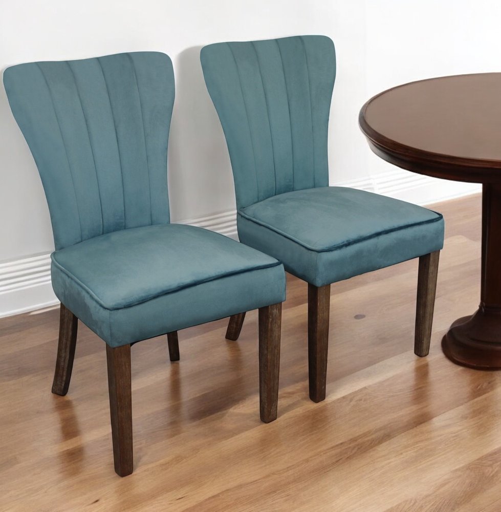 Set of Two Teal Blue and Brown Upholstered Velvet Dining Parsons Chairs