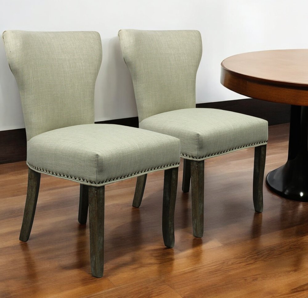 Set of Two Ivory and Brown Upholstered Fabric Dining Parsons Chairs