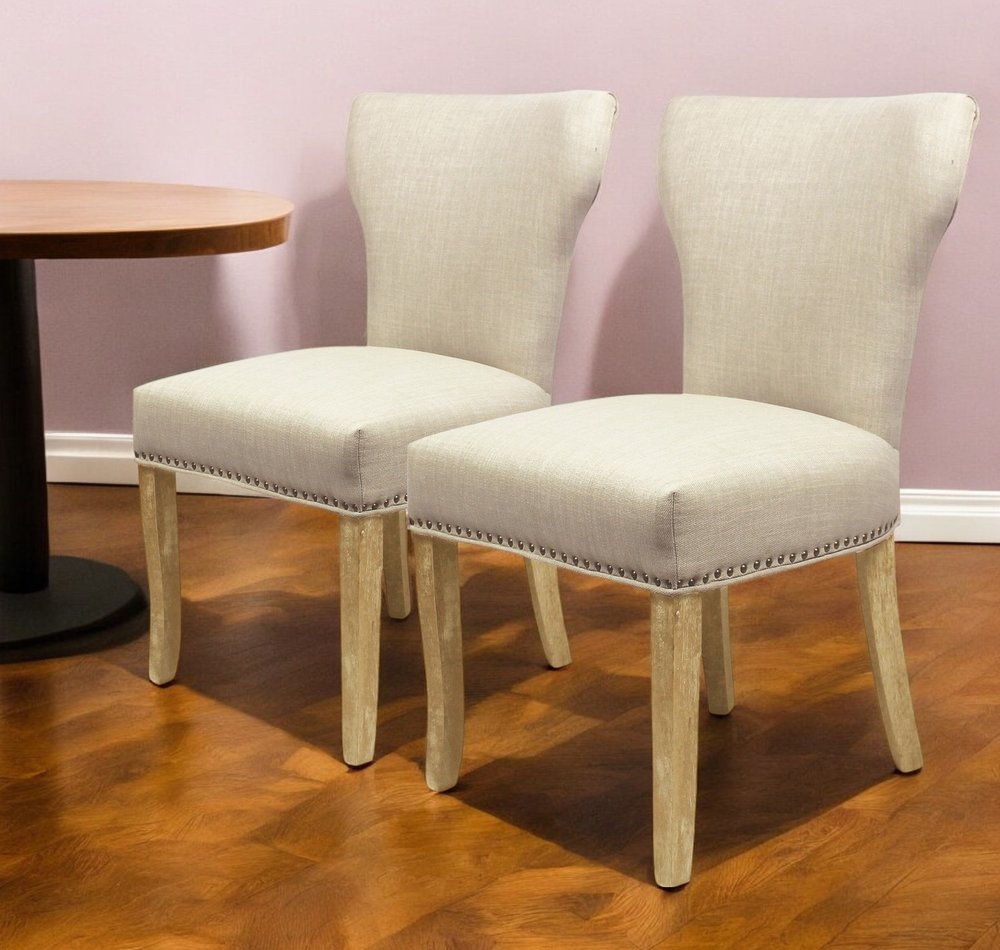 Set of Two Ivory and Natural Upholstered Fabric Dining Parsons Chairs
