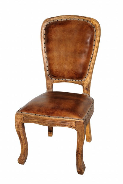 Set of Two Mahogany and Brown Upholstered Leather King Louis Back Dining Side Chairs