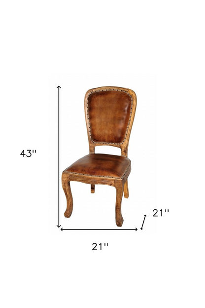 Set of Two Mahogany and Brown Upholstered Leather King Louis Back Dining Side Chairs
