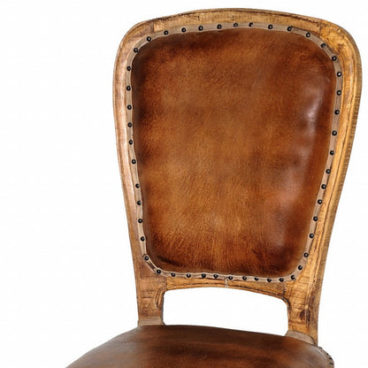 Set of Two Mahogany and Brown Upholstered Leather King Louis Back Dining Side Chairs