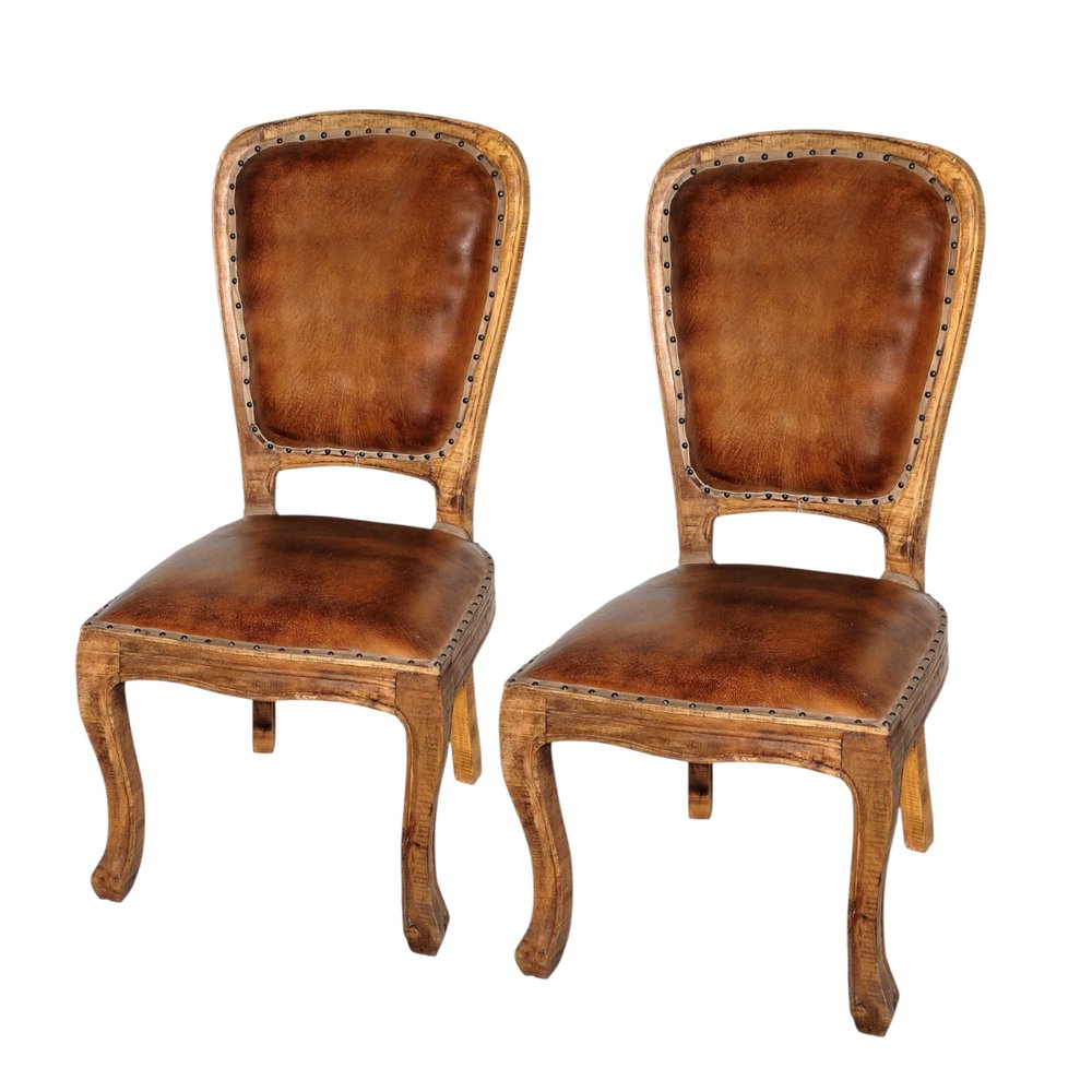 Set of Two Mahogany and Brown Upholstered Leather King Louis Back Dining Side Chairs
