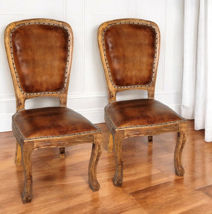 Set of Two Mahogany and Brown Upholstered Leather King Louis Back Dining Side Chairs