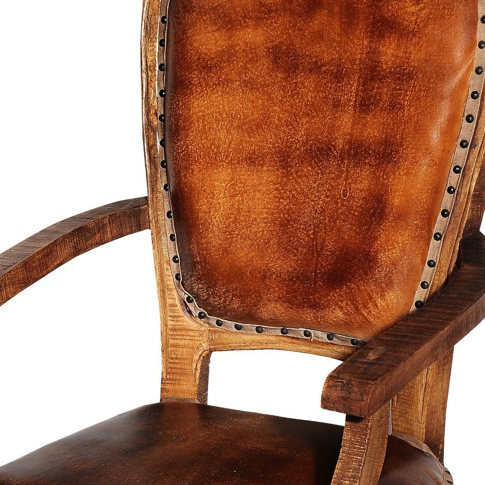 Mahogany And Brown Upholstered Leather King Louis Back Dining Arm Chair