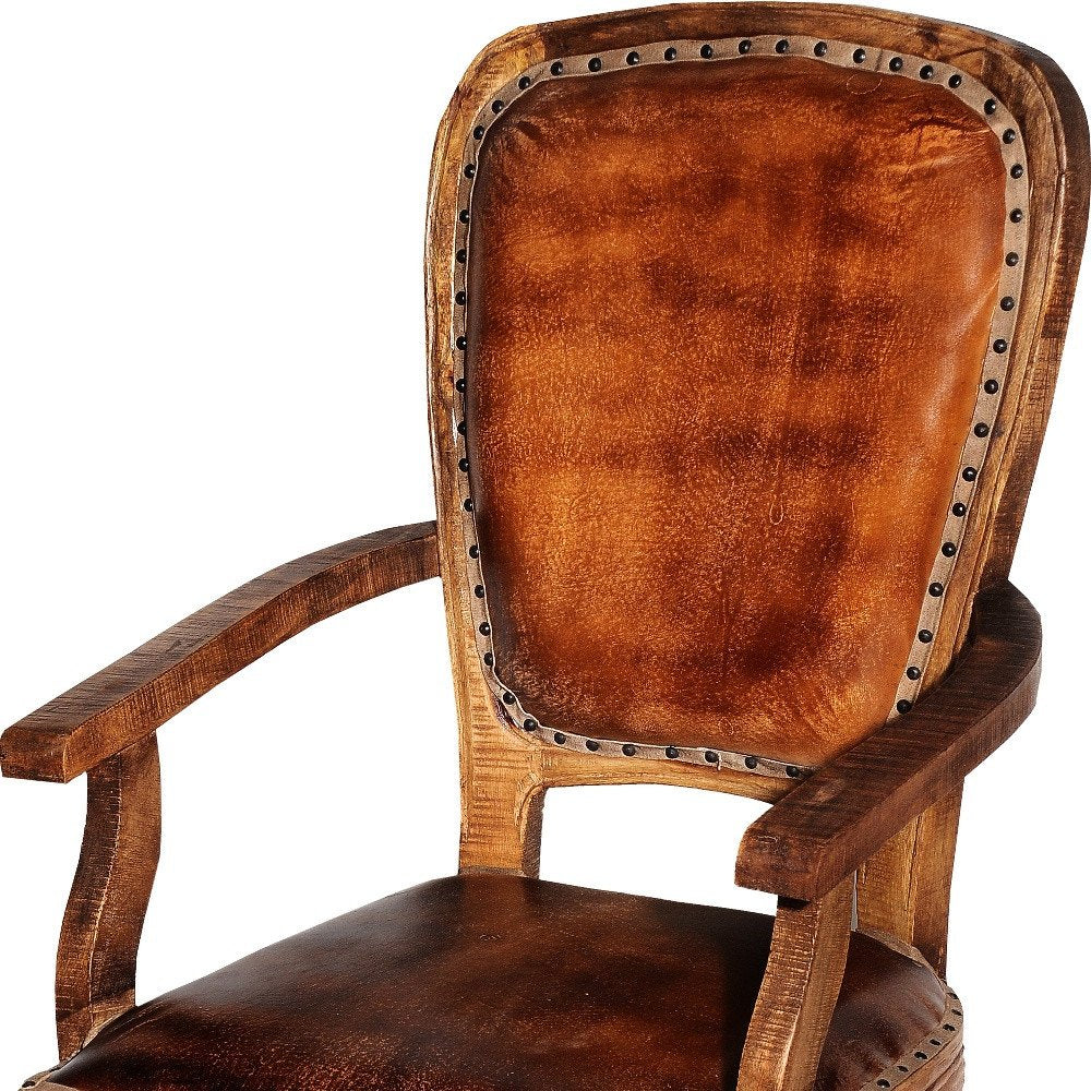 Mahogany And Brown Upholstered Leather King Louis Back Dining Arm Chair