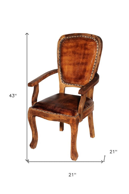 Mahogany And Brown Upholstered Leather King Louis Back Dining Arm Chair