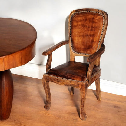 Mahogany And Brown Upholstered Leather King Louis Back Dining Arm Chair