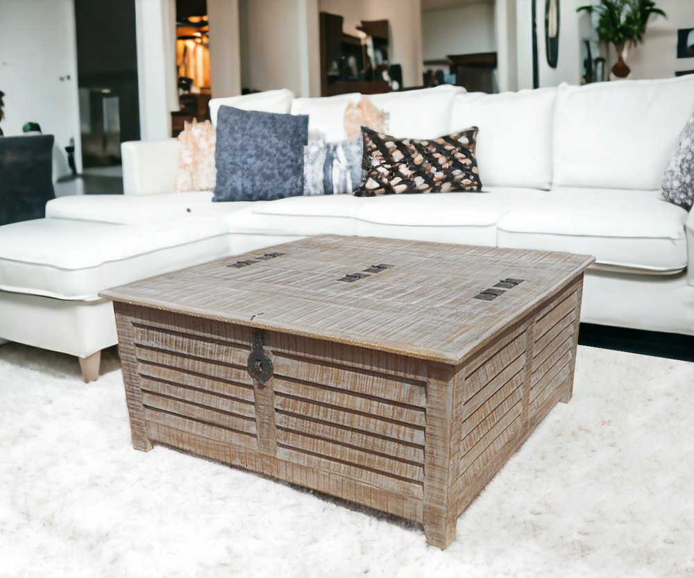 40" Gray Solid Wood Square Distressed Lift Top Solid Trunk Coffee Table