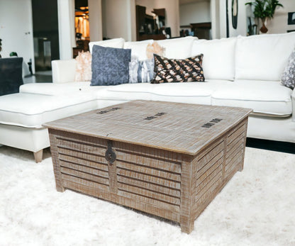 40" Gray Solid Wood Square Distressed Lift Top Solid Trunk Coffee Table