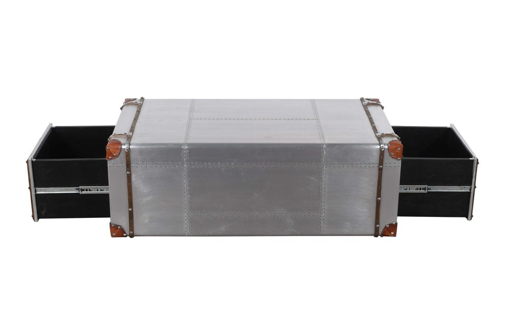 48" Silver Aluminum and Solid Wood Solid Coffee Table With Two Drawers