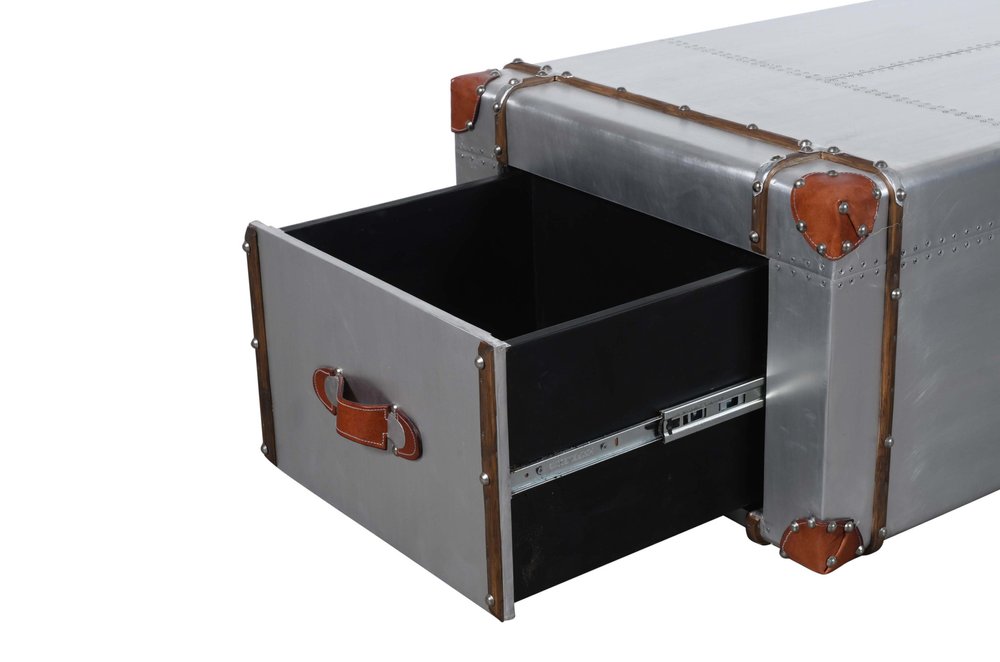 48" Silver Aluminum and Solid Wood Solid Coffee Table With Two Drawers