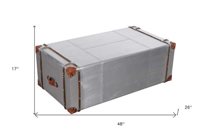 48" Silver Aluminum and Solid Wood Solid Coffee Table With Two Drawers