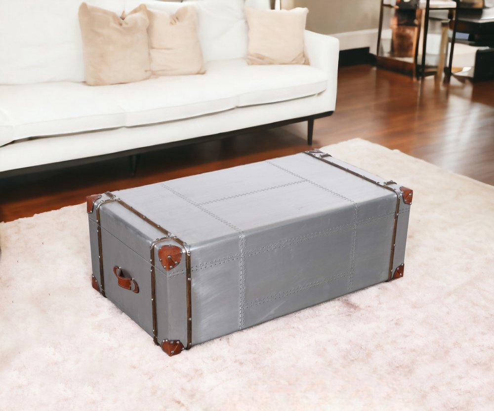 48" Silver Aluminum and Solid Wood Solid Coffee Table With Two Drawers
