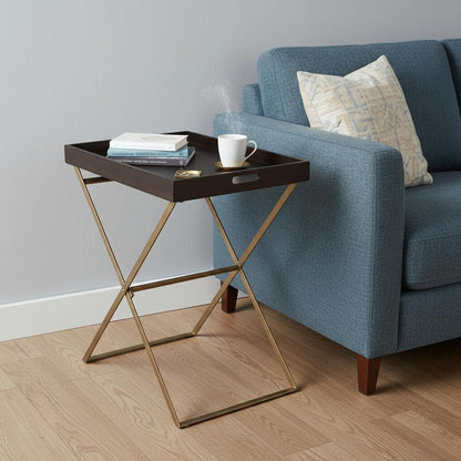 27" Gold And Walnut Solid Wood Rectangular End Table