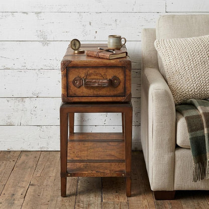 24" Brown Old World Map End Table With Drawer And Shelf