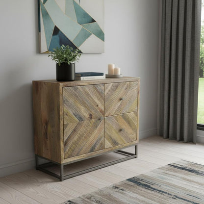 34" Shades of Natural Brown Solid Wood Accent Chest With A Door and Shelves