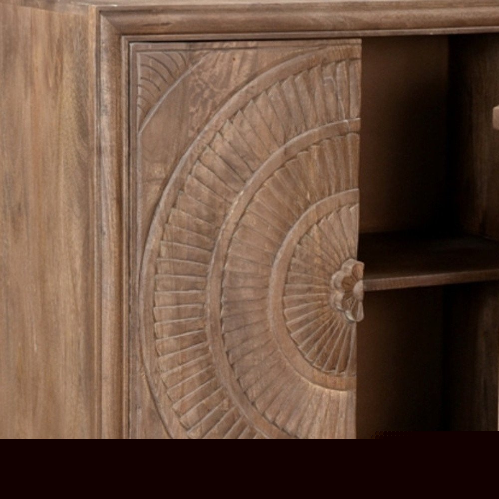 33" Distressed Brown Solid Wood Two Door Floral Carved Accent Cabinet