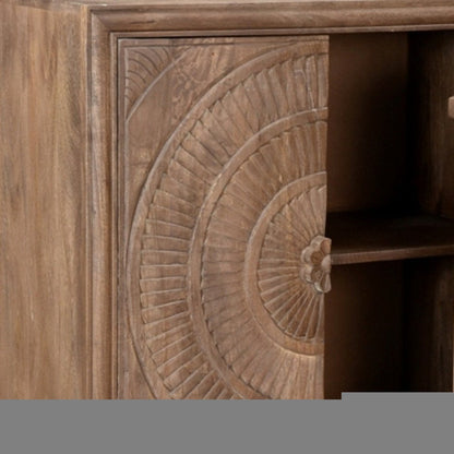 33" Distressed Brown Solid Wood Two Door Floral Carved Accent Cabinet