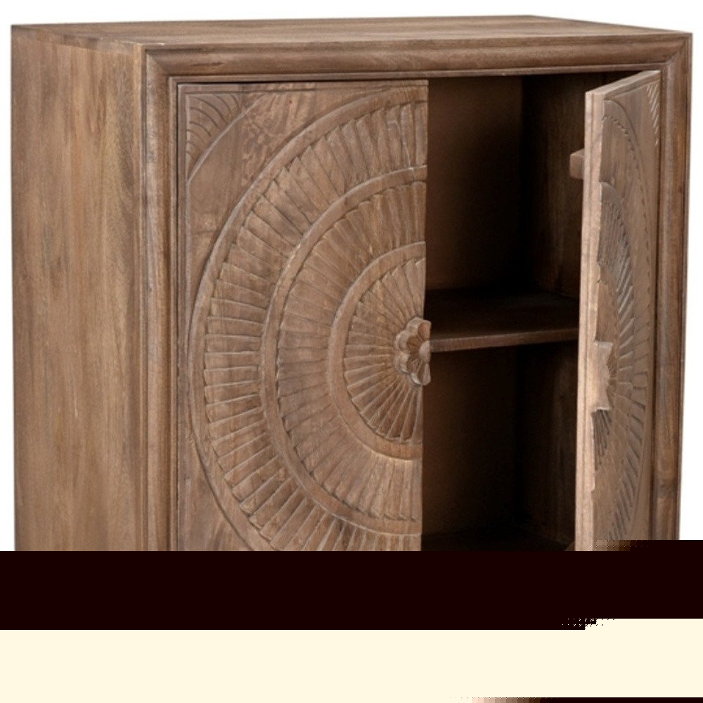 33" Distressed Brown Solid Wood Two Door Floral Carved Accent Cabinet