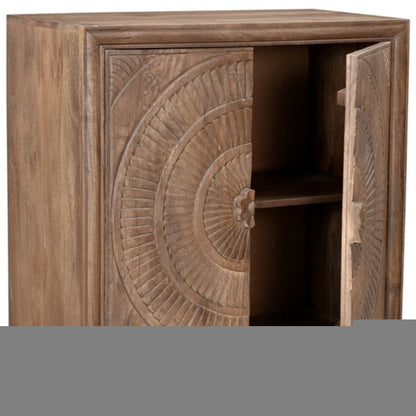 33" Distressed Brown Solid Wood Two Door Floral Carved Accent Cabinet