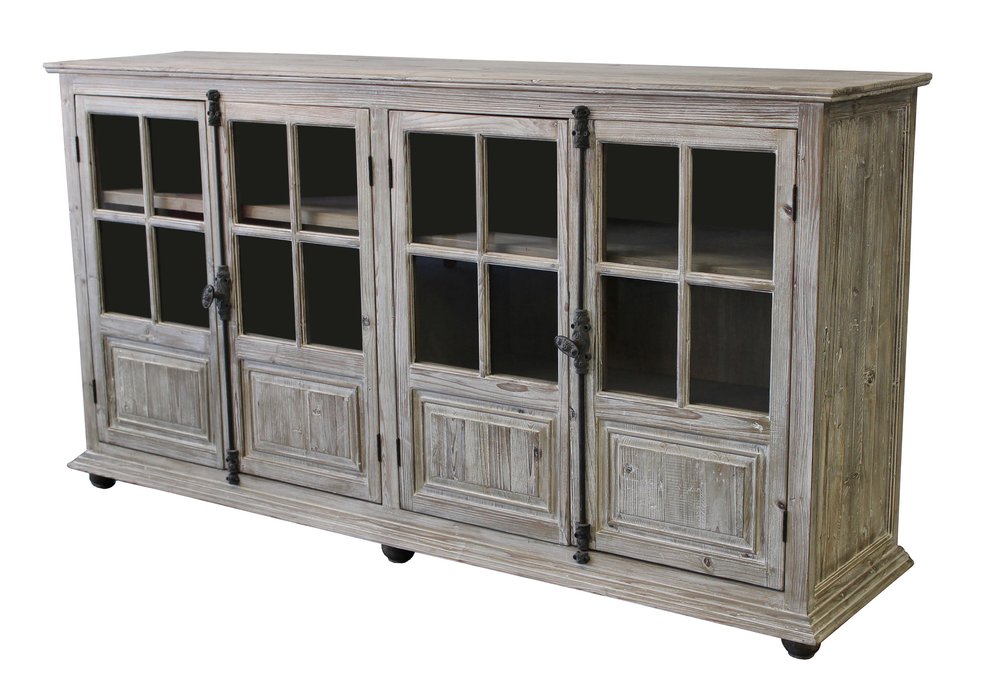 83" White Wash Gray Solid Wood Four Door Side Board with Glass Inserts