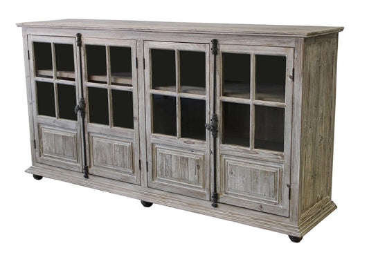 83" White Wash Gray Solid Wood Four Door Side Board with Glass Inserts