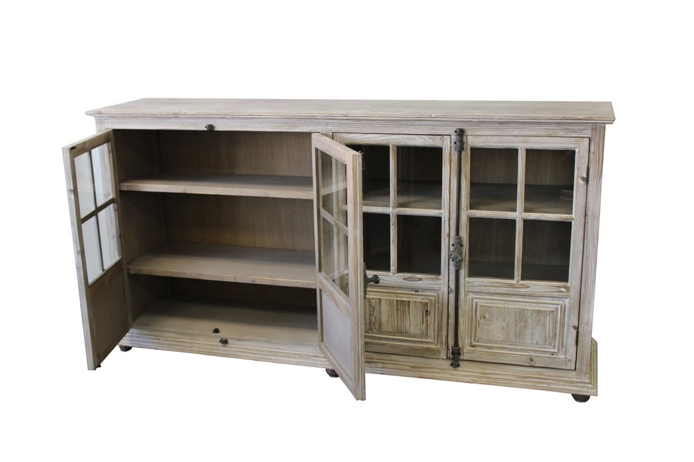 83" White Wash Gray Solid Wood Four Door Side Board with Glass Inserts
