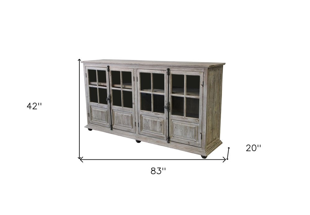83" White Wash Gray Solid Wood Four Door Side Board with Glass Inserts