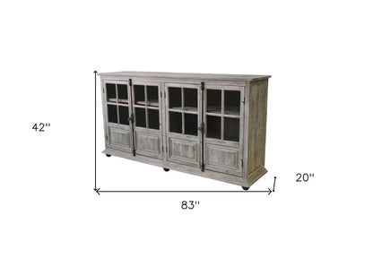 83" White Wash Gray Solid Wood Four Door Side Board with Glass Inserts