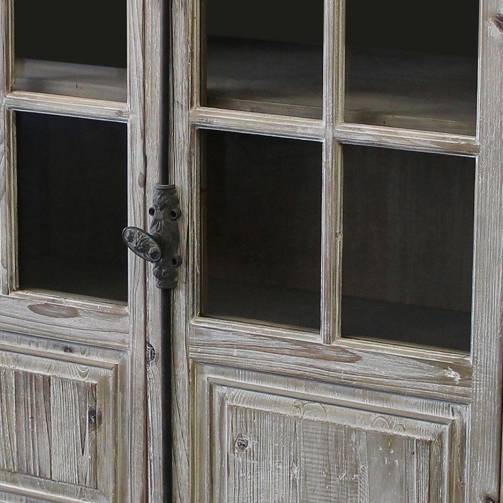 83" White Wash Gray Solid Wood Four Door Side Board with Glass Inserts