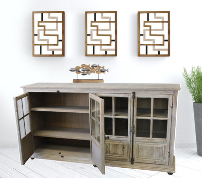 83" White Wash Gray Solid Wood Four Door Side Board with Glass Inserts