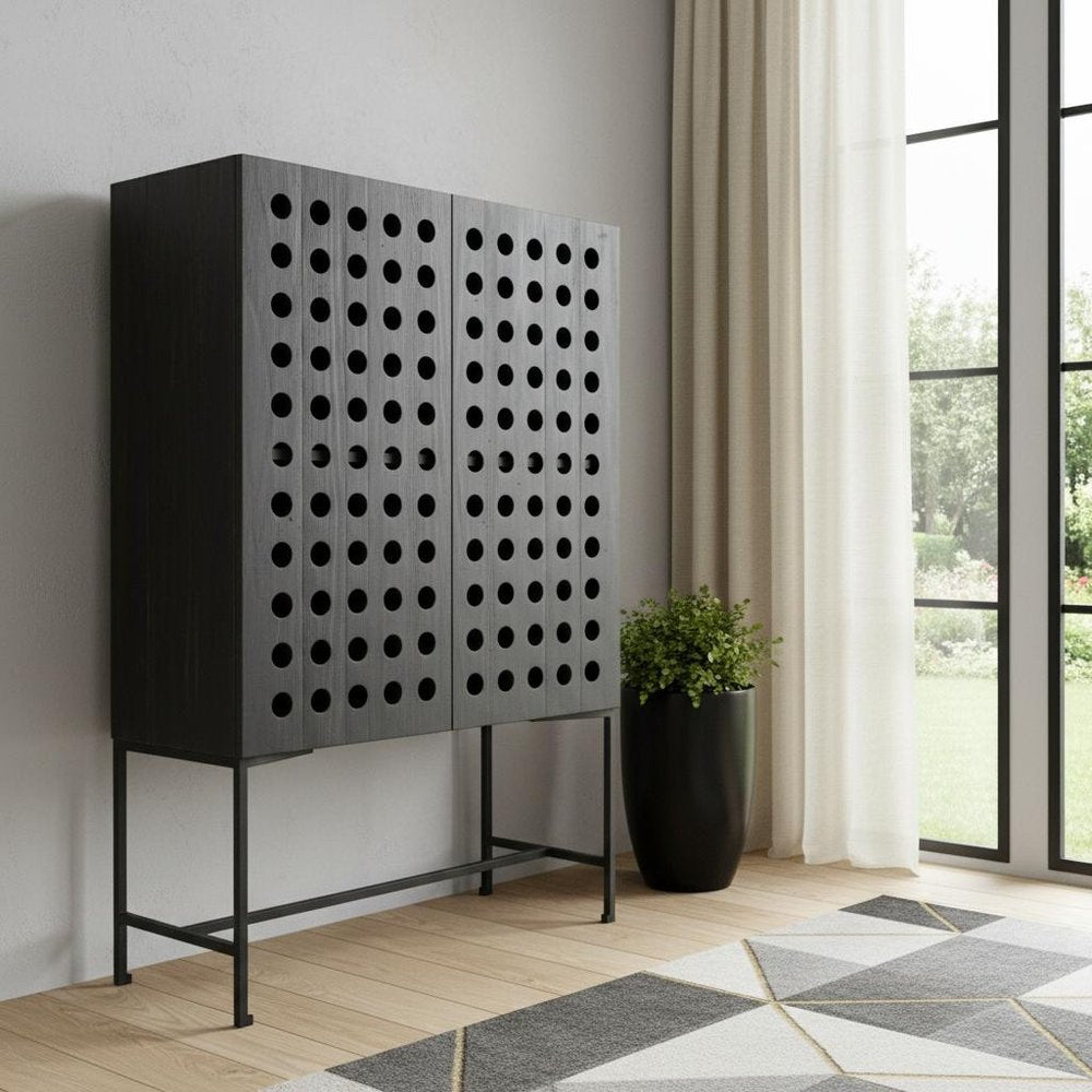 48" Dark Gray Solid Wood and Metal Holey Two Door Accent Chest