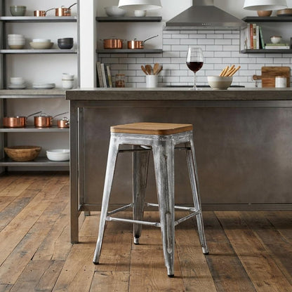 18 " Wood Brown And Gray Steel Backless Bar Chair