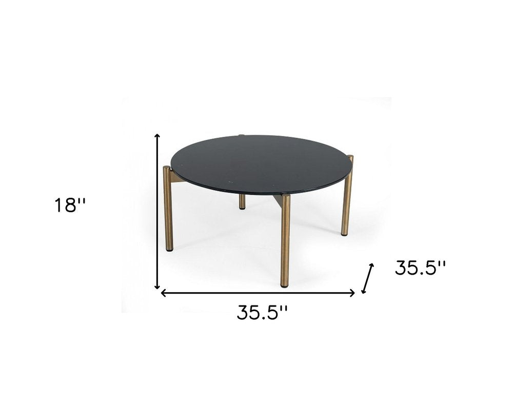 36" Black and Gold Faux Marble And Steel Round Coffee Table