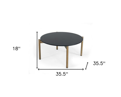 36" Black and Gold Faux Marble And Steel Round Coffee Table