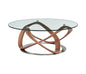 39" Clear and Brown Glass And Solid Wood Round Abstract Coffee Table