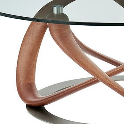 39" Clear and Brown Glass And Solid Wood Round Abstract Coffee Table