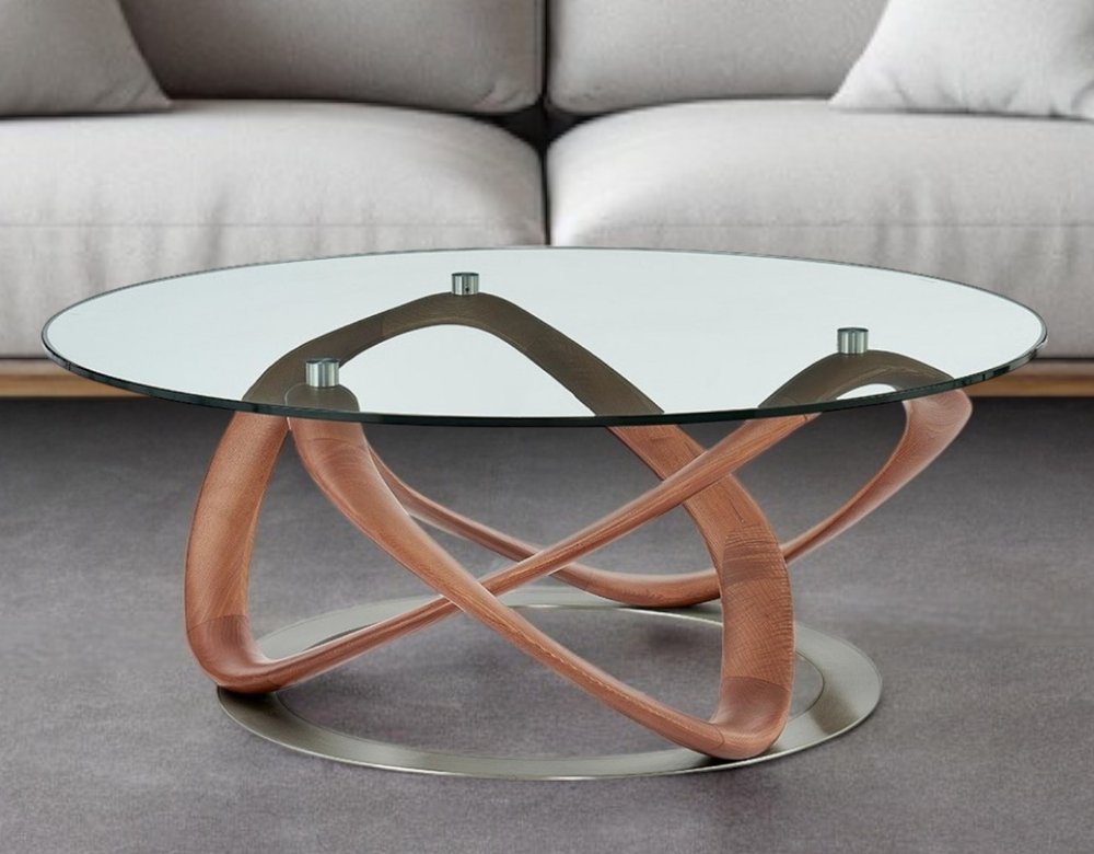 39" Clear and Brown Glass And Solid Wood Round Abstract Coffee Table
