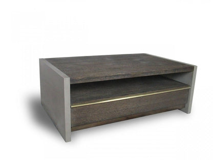 47" Brown and Dark Gray Solid Wood And Concrete Block Coffee Table With Drawer And Shelf