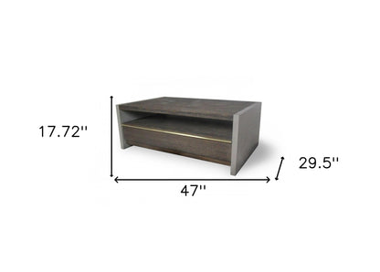 47" Brown and Dark Gray Solid Wood And Concrete Block Coffee Table With Drawer And Shelf